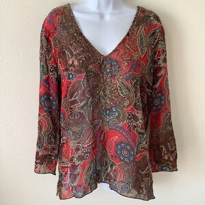 Chico’s Red Bohemian Hippie Whimsygoth Romantic Fairy Silk Paisley Blouse Size 1